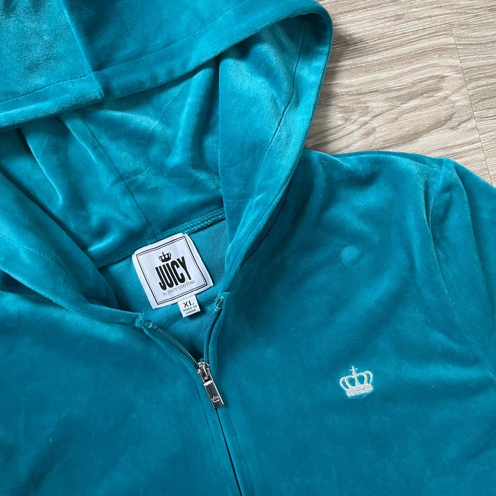 Juicy Couture Teal Velour Zip Up Hoodie Silver Crown Graphic XL - Picture 4 of 7